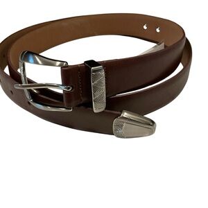 Vintage Greg Norman brown leather conchos belt shark silver tone hardware